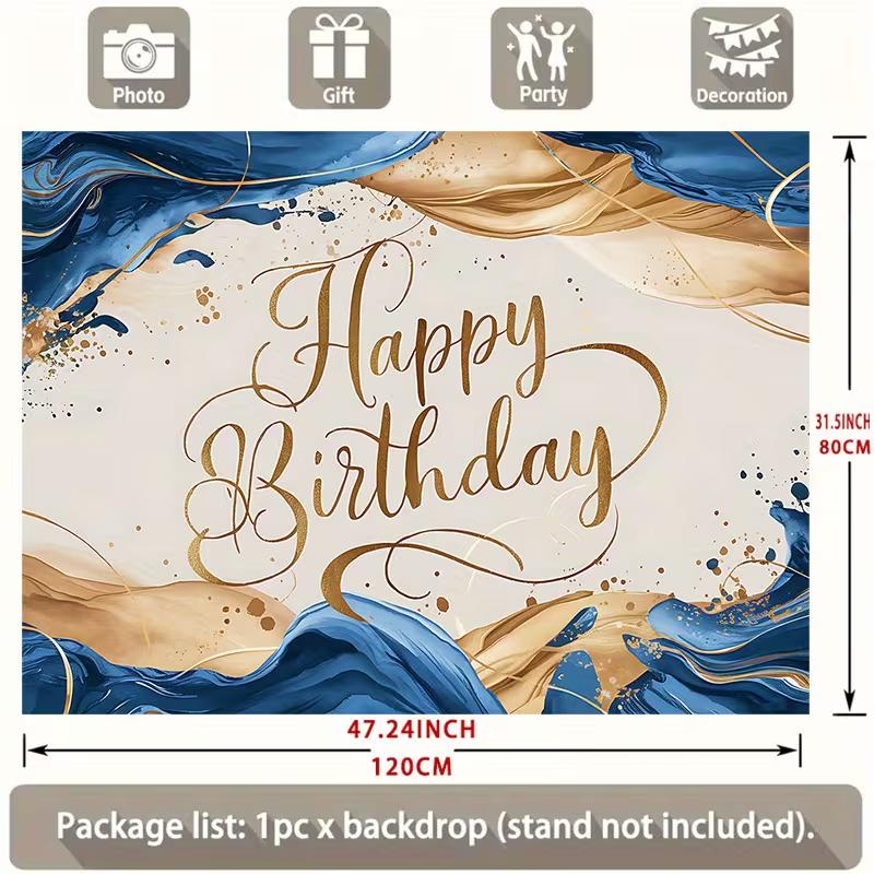 

2D Blue Gold Happy Birthday Backdrop, Marble Swirl Party Photography Background Cloth 47.2x31.5inch/120*80cm