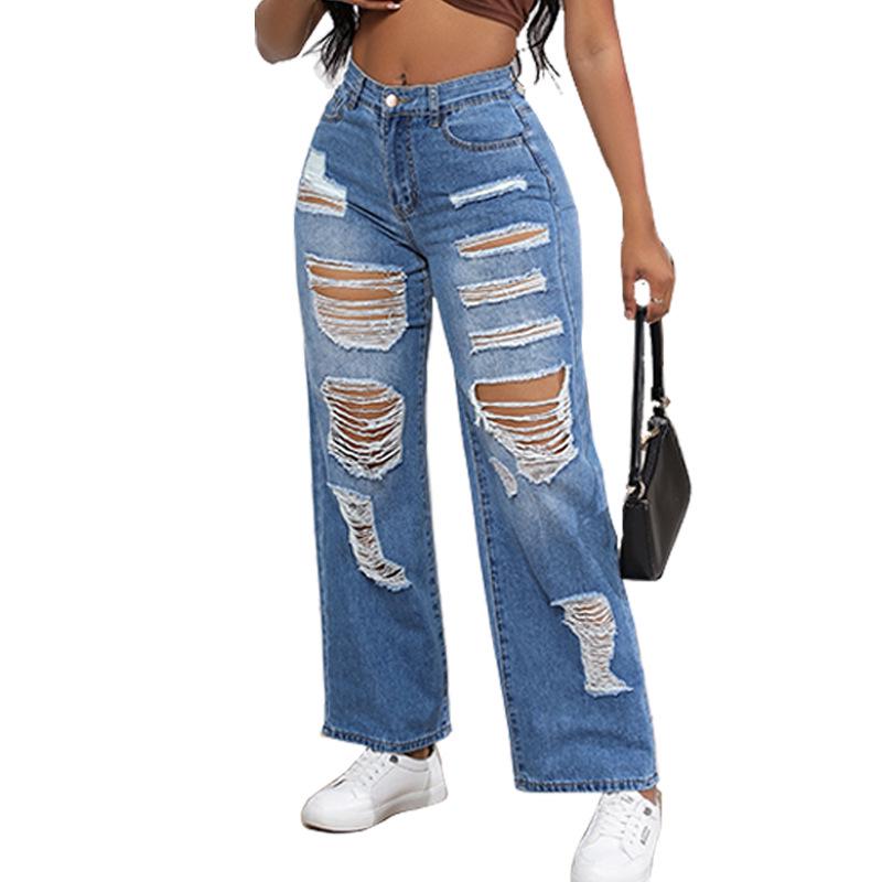 2023 Women's High Waist Ripped Jeans: European & American Style, High Stretch, Loose Straight Leg