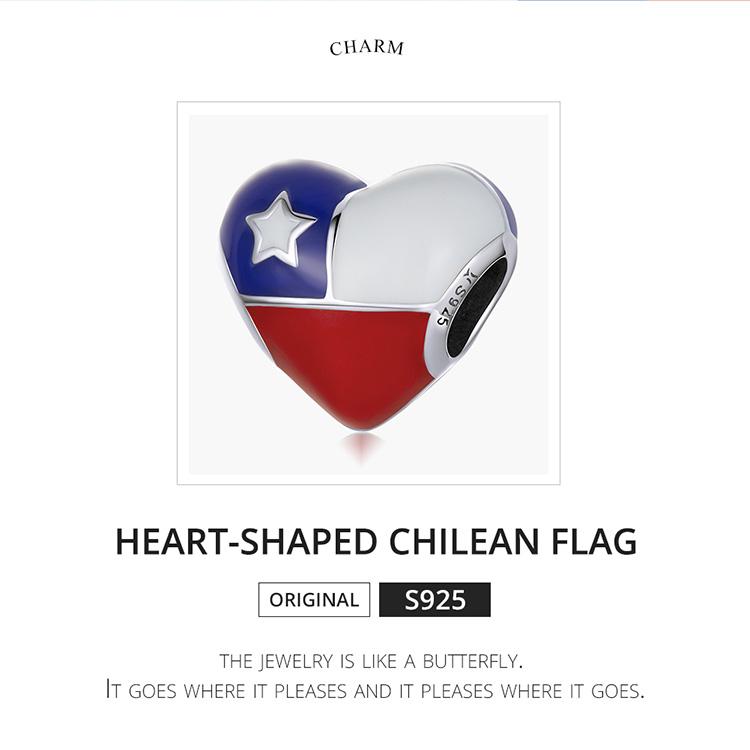 WOSTU 925 Sterling Silver Heart-shaped Chilean Flag Charm Bead Pendant Fit Original 3mm Bracelet Women Jewelry