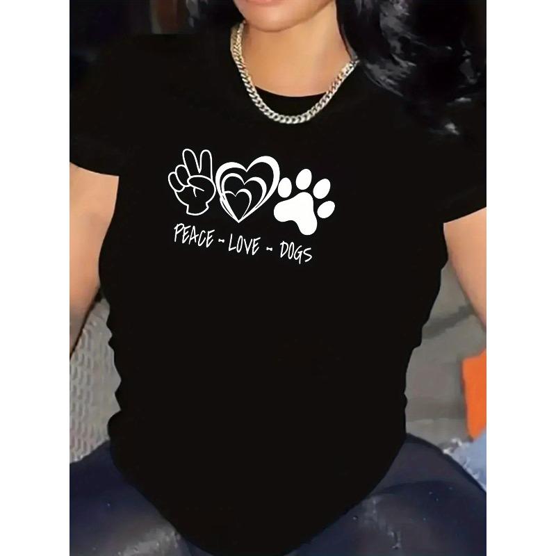 

1pc Women S Graphic T-Shirt Featuring Peace, Love, and Dogs - Adorable Design with Dog Paw Prints and Hearts, Perfect for Summer Casual Wear, S чёрный