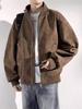Brown Tie-Dye PU Leather Men's Winter Retro Boxy Fit Stand Collar Baseball Jacket