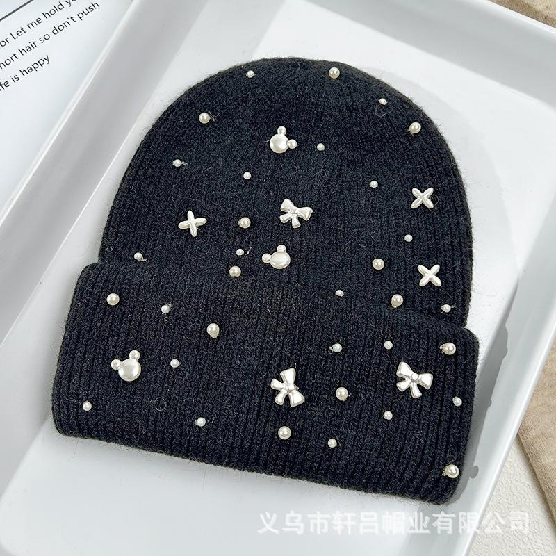 Autumn and winter new bow pearl knitted hat big head circumference thickened rabbit hair blended pullover ear protector wool hat