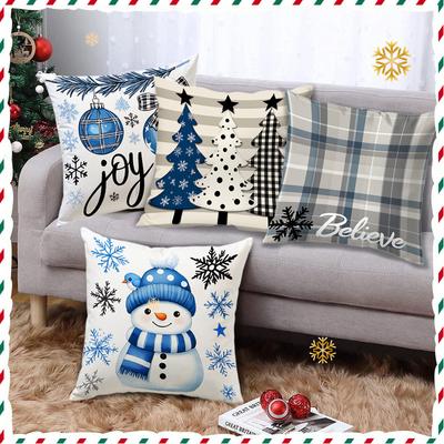 Neuer blauer Weihnachtskissenbezug mit niedlichem Schneemannmotiv, superweich bedruckt, für Zuhause, Sofa und als weihnachtliche Dekoration