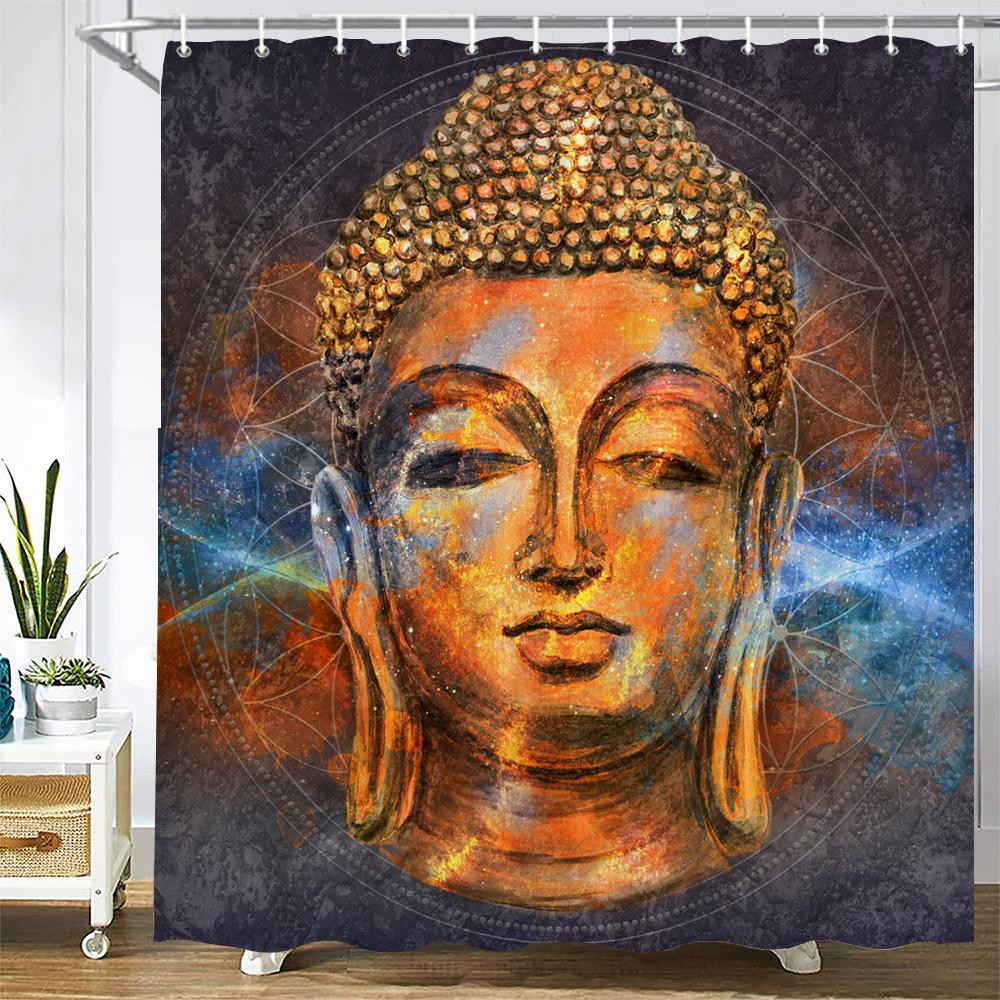 Bathroom Shower Curtains Buddha Statue Polyester Bath Screens Home Decor Waterproof Fabric Hooks Curtain Made Of Washable Washroom Ready
