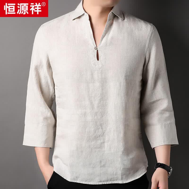 

Hengyuanxiang Men s 100% Linen Chinese Style Seven-Sleeve T-Shirt L