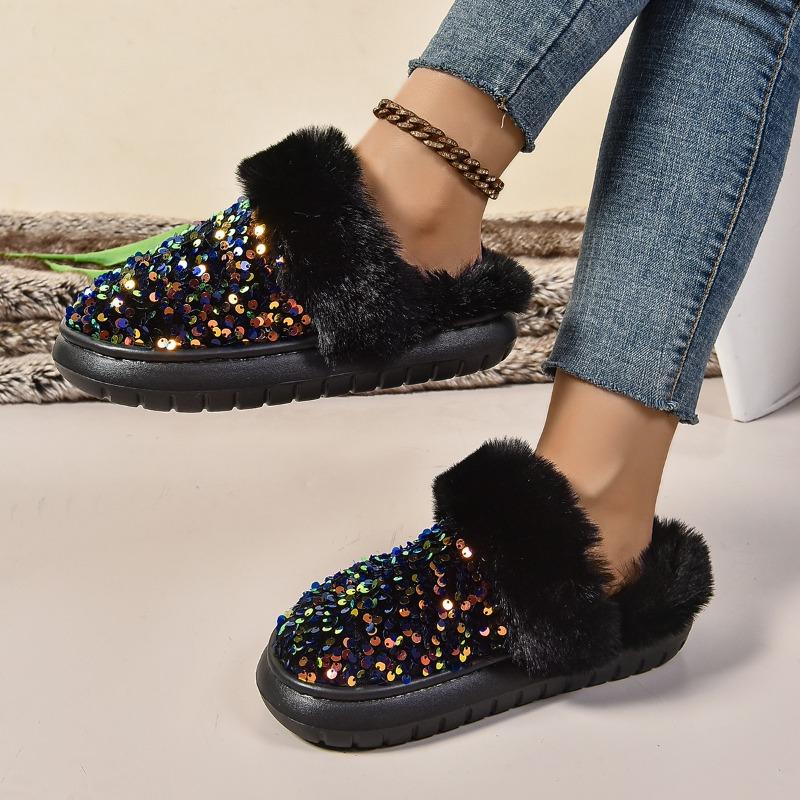 Herbst und Winter Damen dicke Sohle verdickte Plüsch Schneestiefel paillettenverziert beliebt große Größe Baumwollpantoffeln