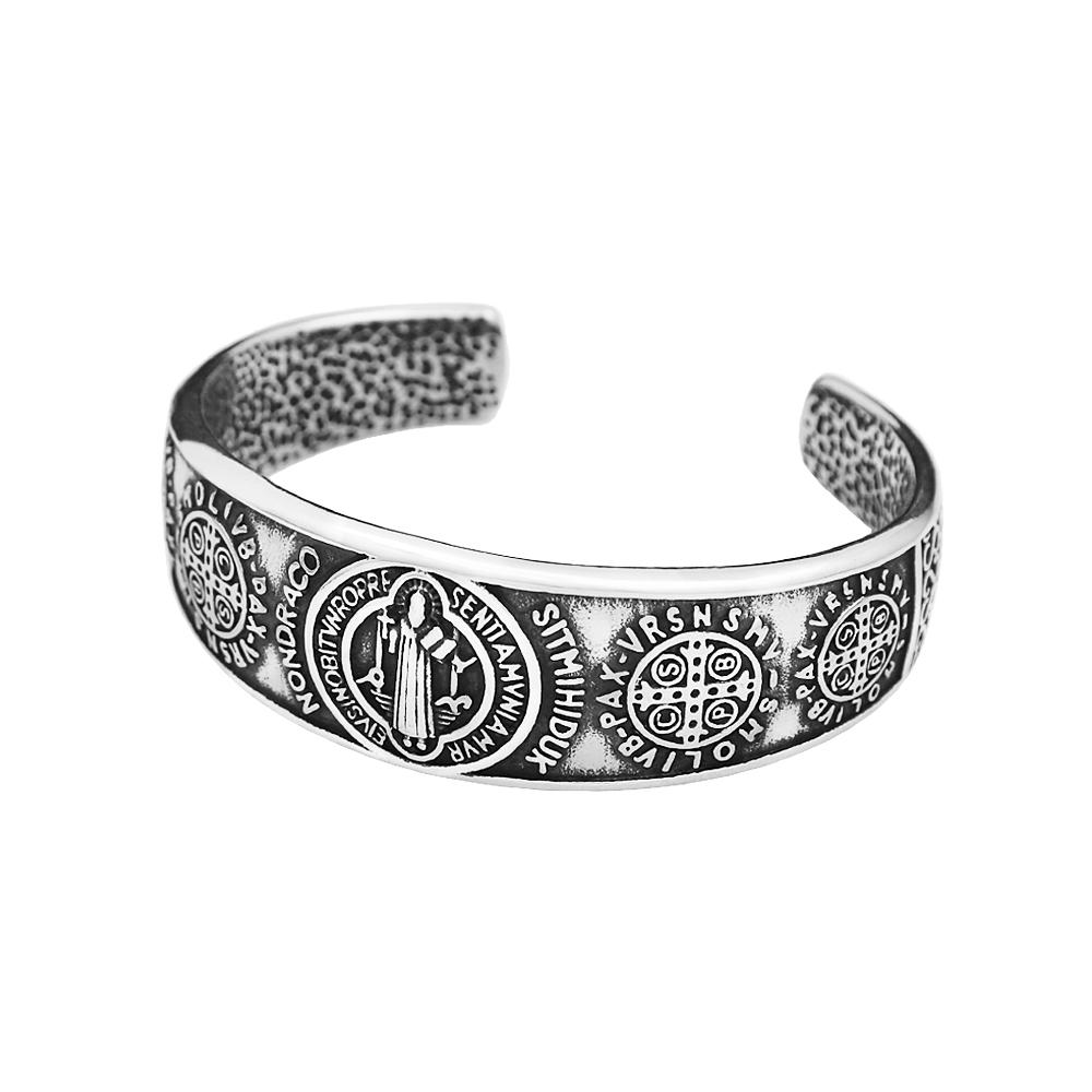 Vintage Saint Benedict Exorcism Bracelet for Men Women Stainless Steel Hip Hop Biker Opening Amulet Bangle Creative Jewelry Gift