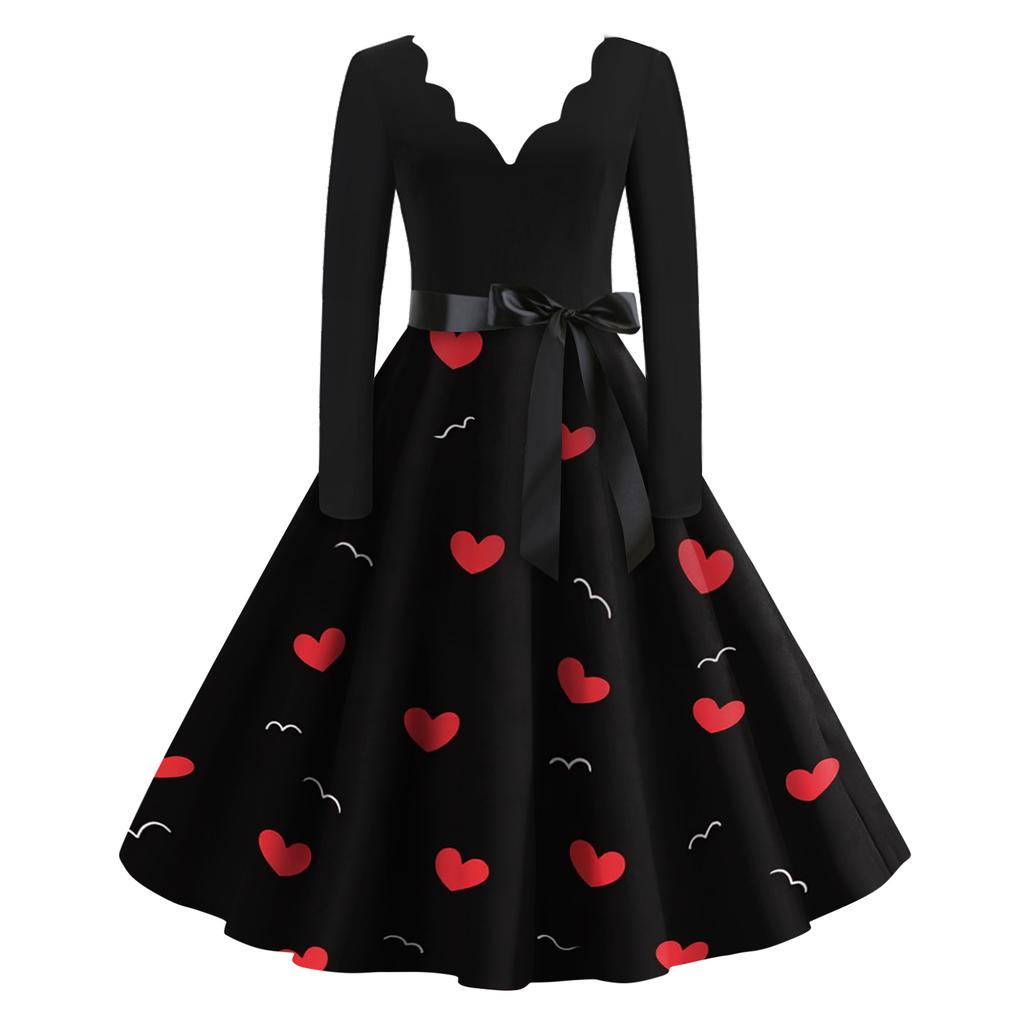 Damen Casual Mode Valentinstag Bedrucktes V-Ausschnitt Retro Langarmkleid