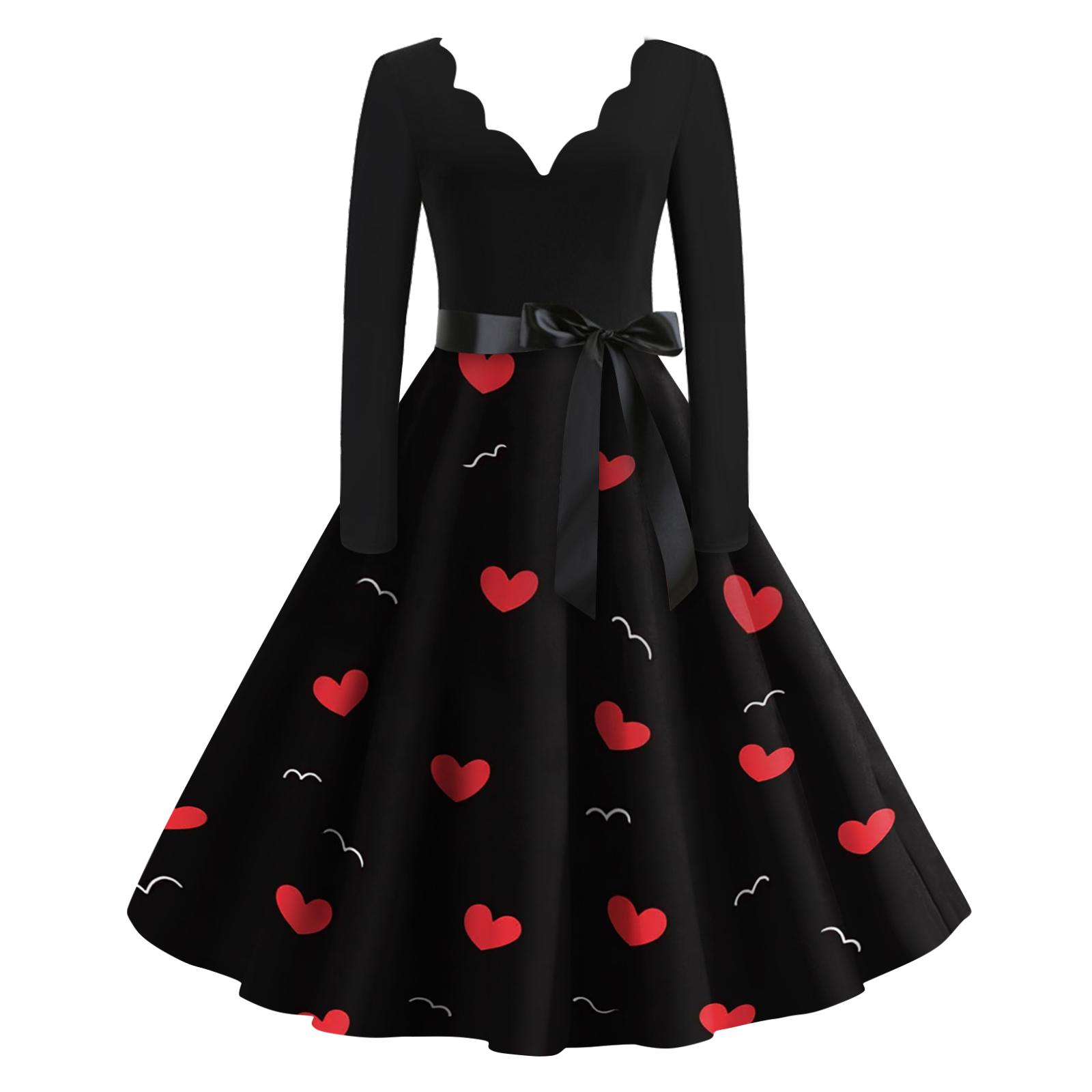 

Жіноча повсякденна модна сукня з принтом до Дня святого Валентина, ретро, з V-подібним вирізом, з довгим рукавом XXL чорний