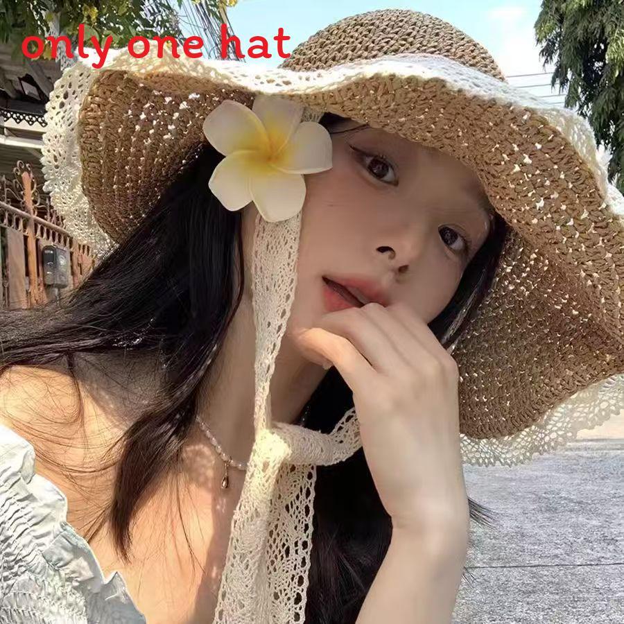 Floral Pattern Wide Brim Straw Hat With Adjustable Fit For Summer Outdoor Wear
