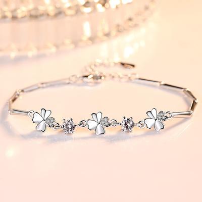 Pulsera de plata S925 galvanizada para mujer, versión coreana, trébol de cuatro hojas con circonitas dulces y flor giratoria