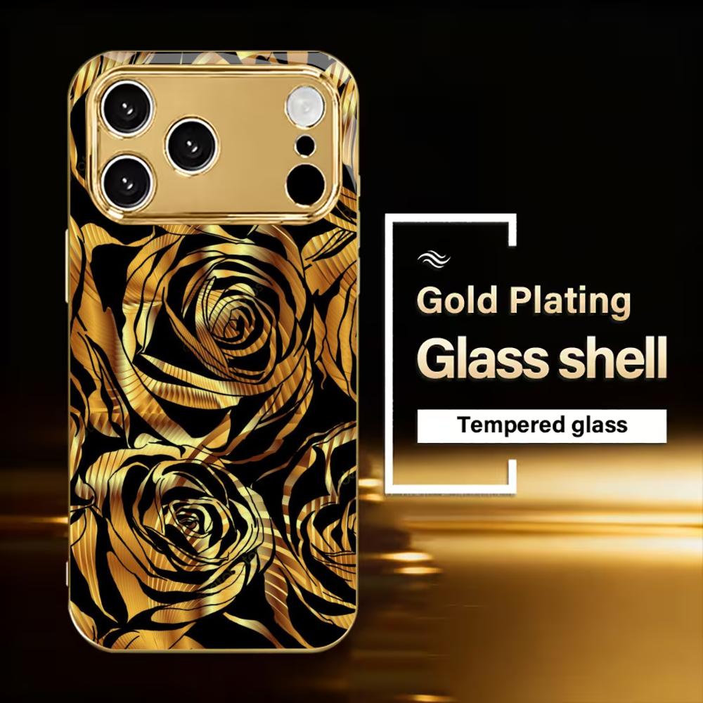Luxury Black & Gold Rose mobile phones Glass phone case for iphone 17 pro max cover for iPhone 17 16 15 14 13 12 11pm Pro Plus