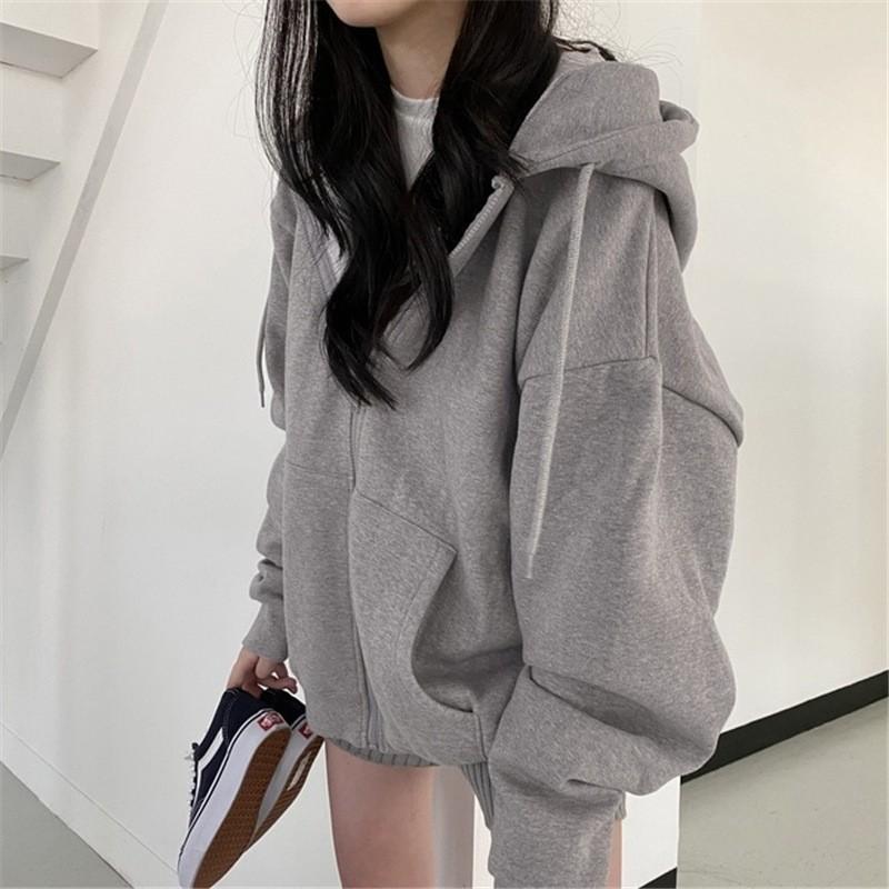 Womens Solid Color Zip-Up Hooded Sweatshirt Loose Fit Thick Fleece Lined Winter Casual Outerwear