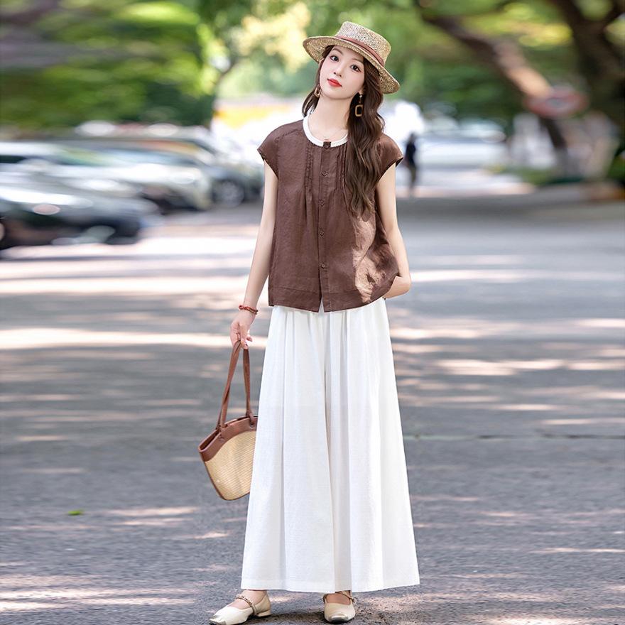 Literary Temperament Casual Suit Women's Summer New Loose and Thin Versatile Crew Neck Shirt Wide Leg Pants Two-piece Set
