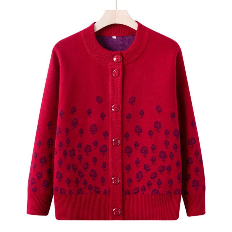 Medium-sized elderly autumn clothing fleece knitted sweater female grandma sweater mother clothing old lady thickened cardigan jacket