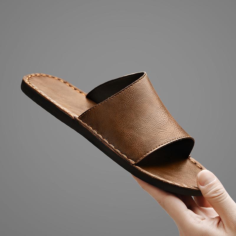 Fashion Men Genuine Leather Slipper Homes In Indoor Slipper Summer Open Toe Sandal Comfy Antiskid Soft Bottom Casual Walking Shoe