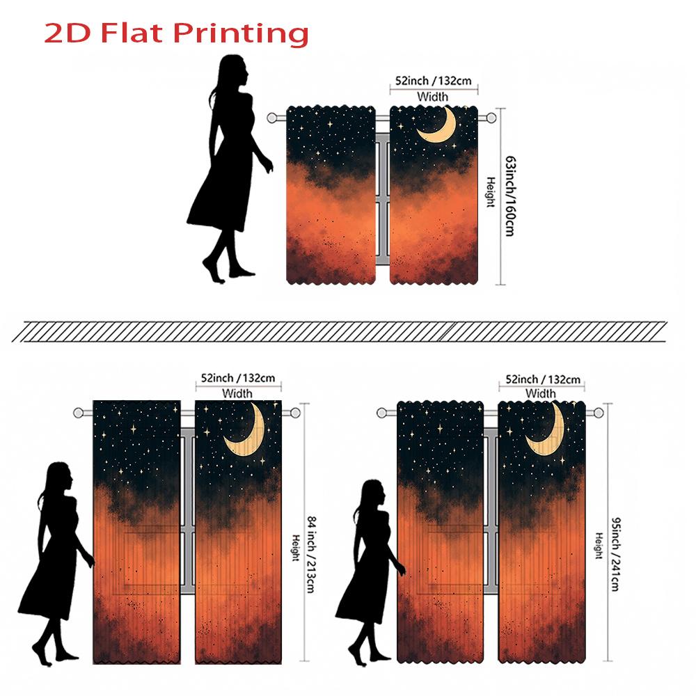 Set aus 2 flach bedruckten Vorhängen Nachthimmel Mond Stern Orangeton Schlafzimmer Wohnzimmer Heimdekoration Hergestellt Polyester Sitzfensterbehandlung