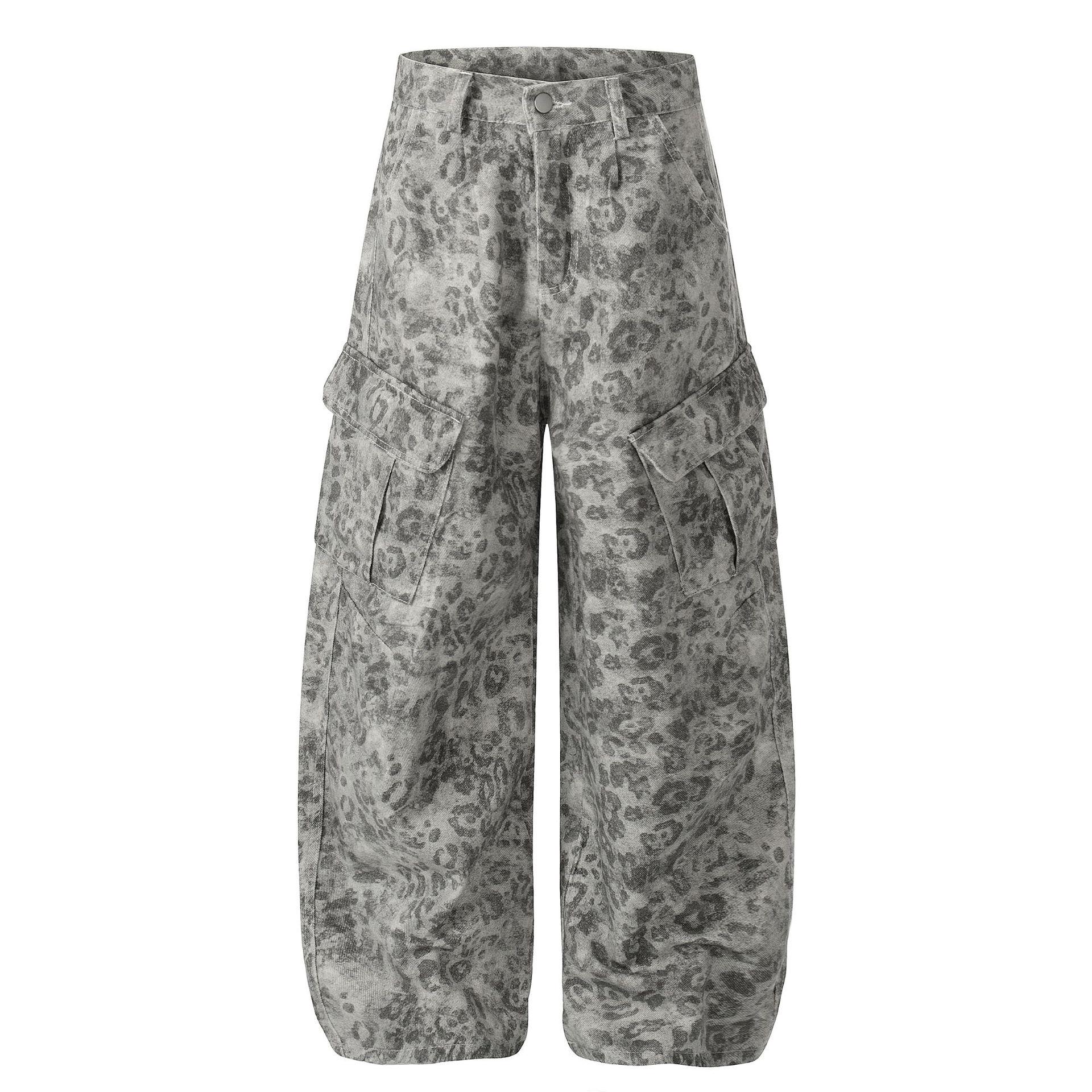 Unisex American Retro Leopard Print Multi-Pocket Curved Leg Casual Denim Jeans Medium