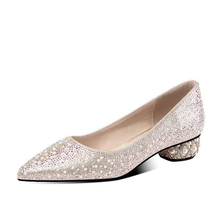 2025 spring and autumn new pearl rhinestone light mouth thick heel single shoes women's flat heel shoes fashion low heel large size women's shoes lady