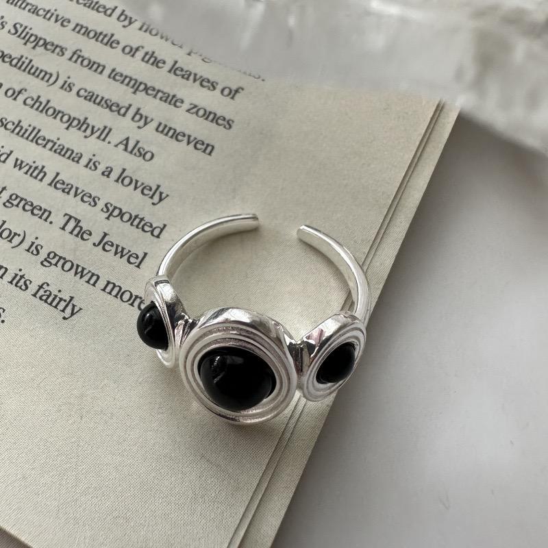 925 Sterling Silver Rings For Women Geometric Fine Jewelry Finger Adjustable Simple Black Stone Bal Ring For Party Birthday Gift