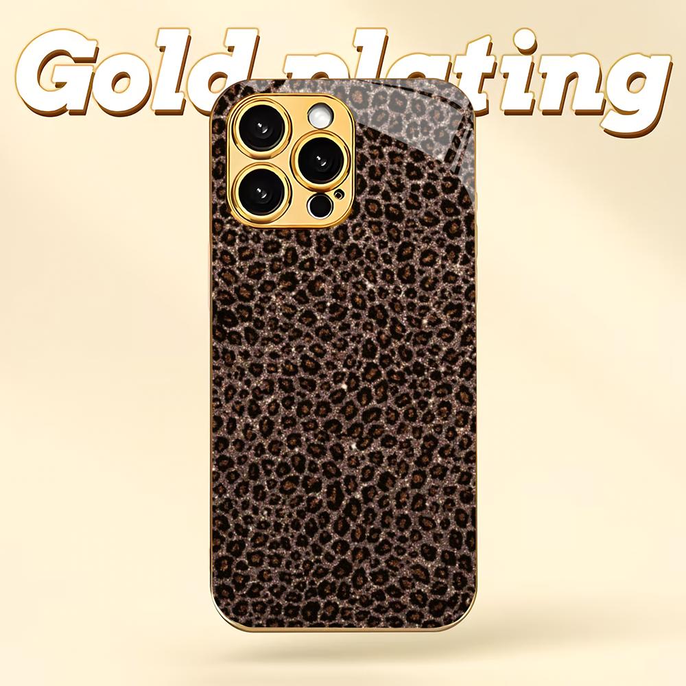 Gold leopard print electroplated glass phone case suitable for iPhone 17 16 15 14 13 12 11 Pro/Max/Plus anti drop back cover