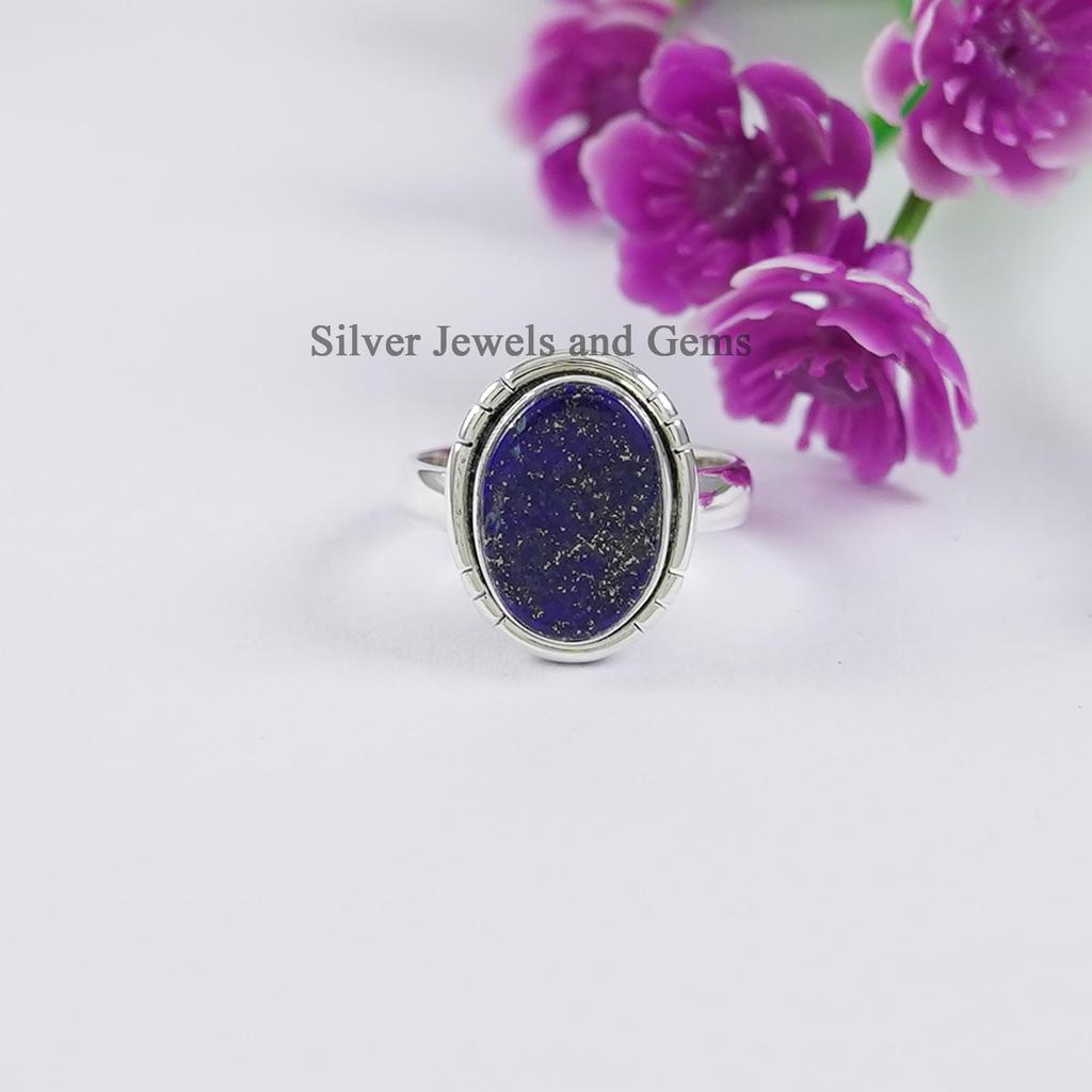 Oval Lapis Lazuli Ring, 925 Sterling Silver, Taurus Birthstone, Boho Ring