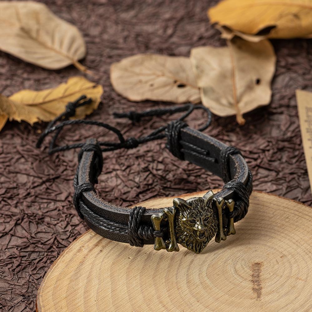 Bronze Jewelry Personalized Retro Wolf Head Leather Adjustable Bracelet Hand Rope