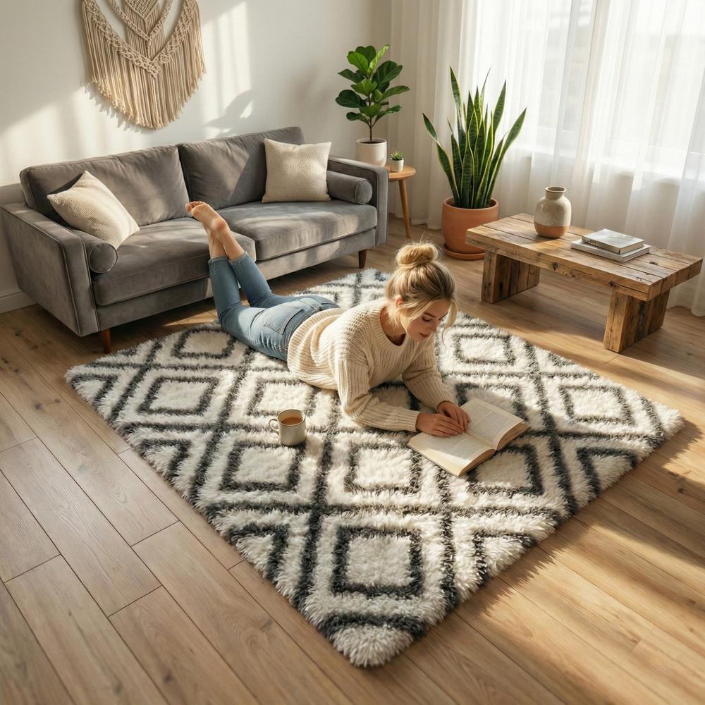 Shaggy Living Room Rug DECOR Non-slip Soft Fluffy Fashionable 120x170 White Cube