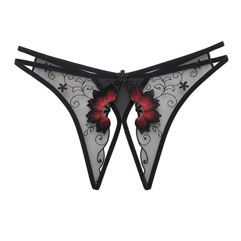 Sexy Embroidered Lingerie Women's Panties Mesh Lace Transparent Thong Crotch Opening G-strings Brief Erotic Hollow Underwear
