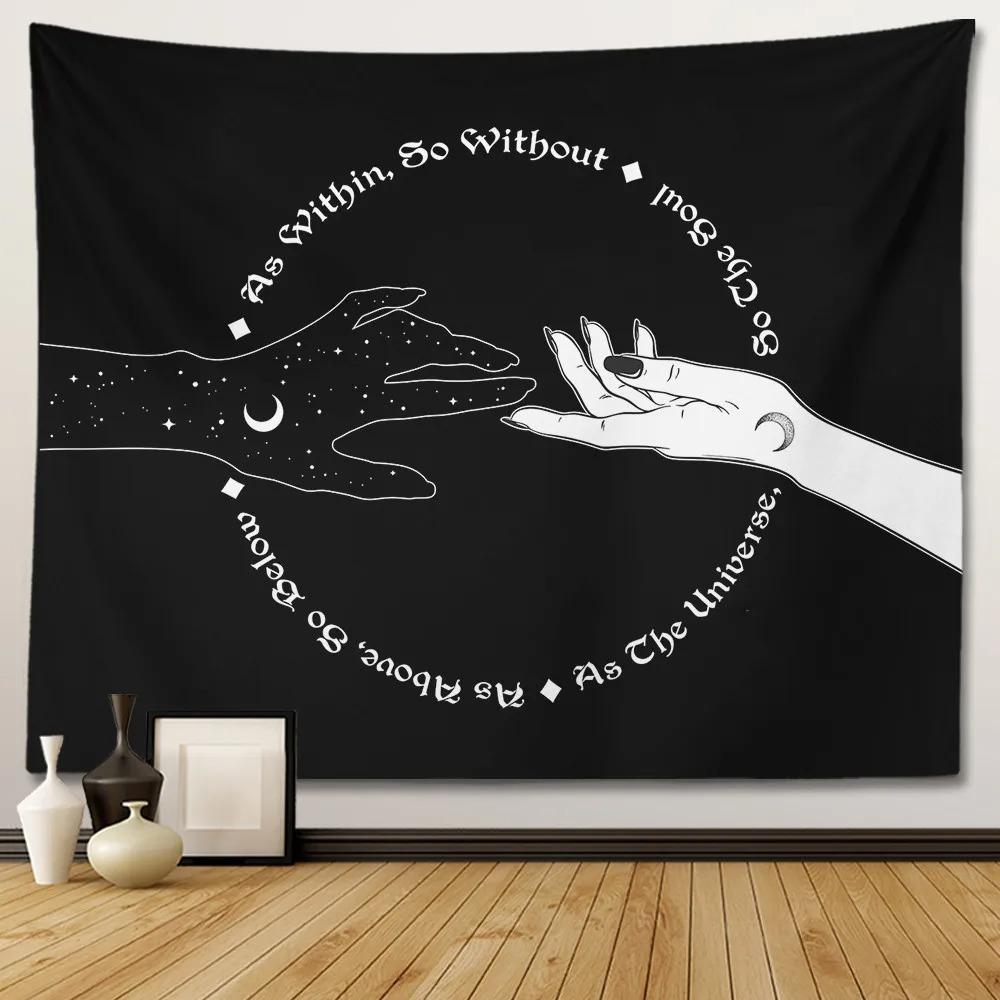 Black and White Moon Hands Tapestry Polyester Witchy Wall Hanging Mystic Gothic Decor for Bedroom Living Room Dorm Background