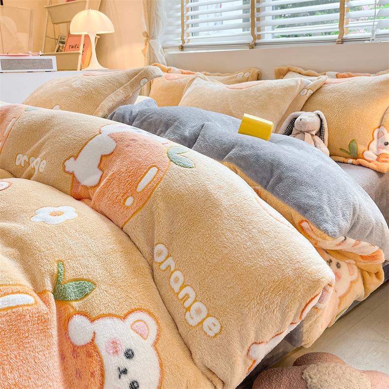 Cartoon Coral Fleece Four-Piece Set, Thickened Milk Fleece Sheet Quilt Cover, Snowflake Fleece Bed Three-Piece Quilt Cover