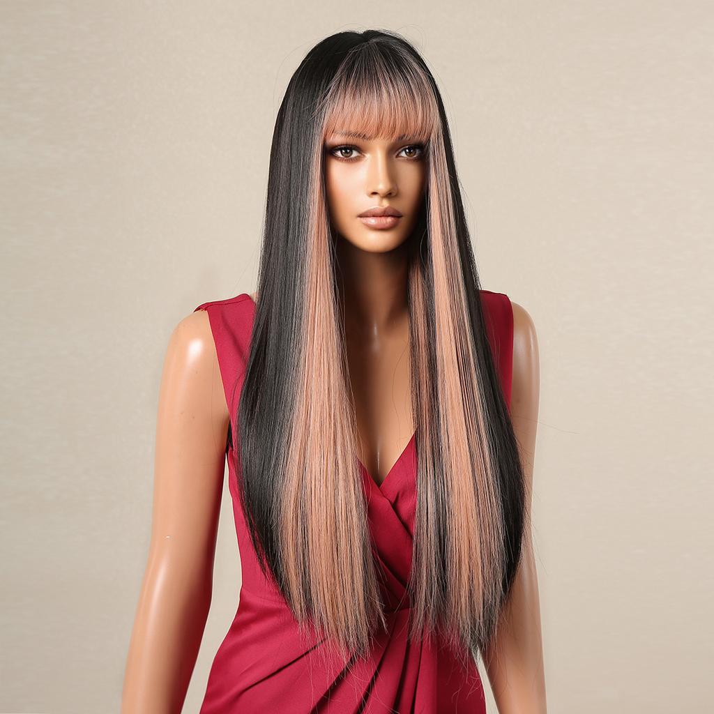 Czarne Różowe Pasemka Peruki dla Kobiet Długa Prosta Syntetyczna Peruka z Włosów Różowa Kolorowa Cosplay Włókno Sztuczne Włosy na Imprezę Lolita Użytek