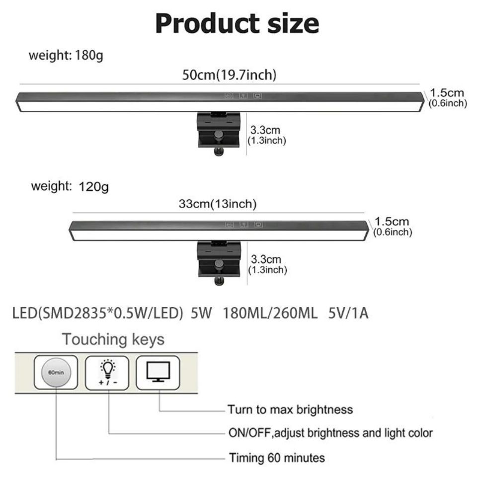 LED Desk Lamp LED Computer PC Monitor Screen Light Bar Stepless Dimming Reading USB Powered Hanging Table Lamp