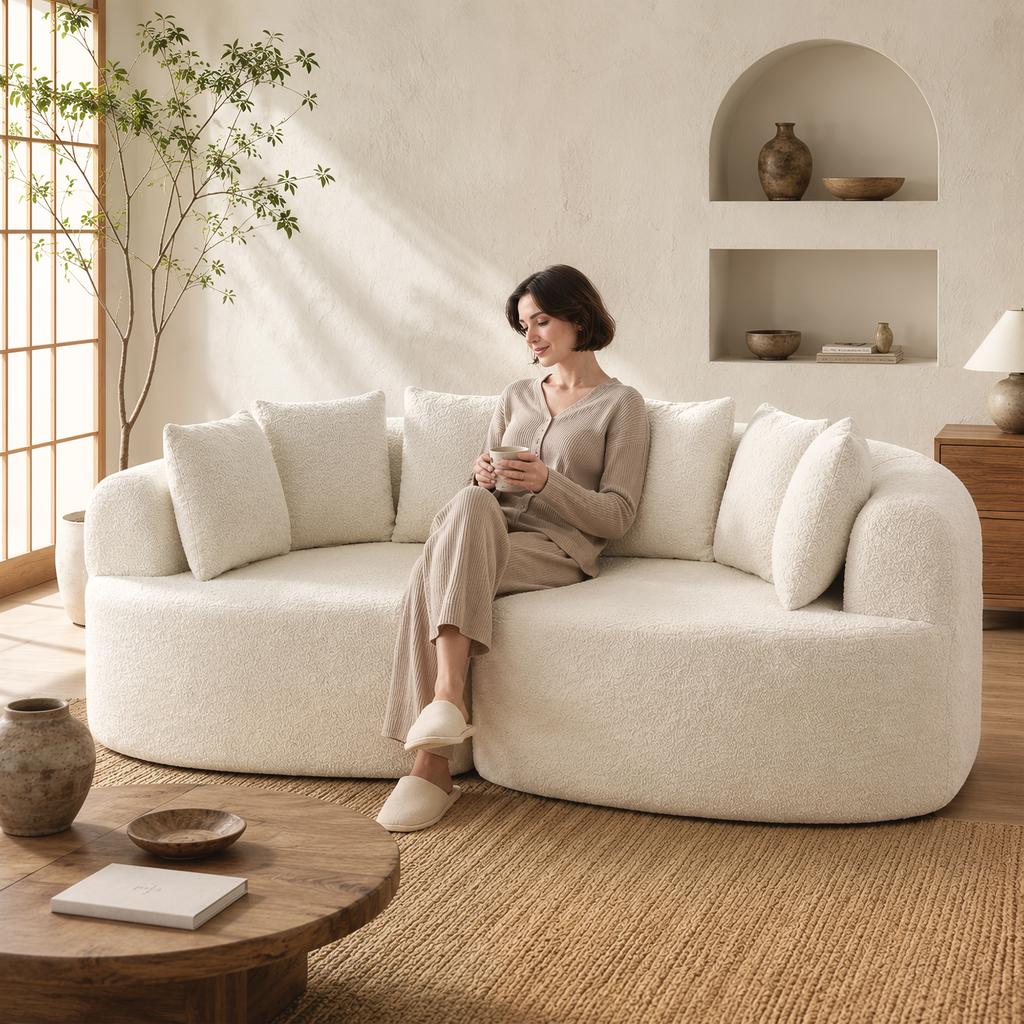 Curved 3-Seater Sofa in Chenille 188 cm, Living Room Sofa with Deep Seat, 6 Cushions, Thick Padding, Cream