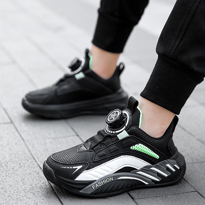Children's Shoes Boys 2025 Spring and Autumn Rotary Buckle Sneakers Leather Waterproof Primary School Students Running Shoes for Older Children