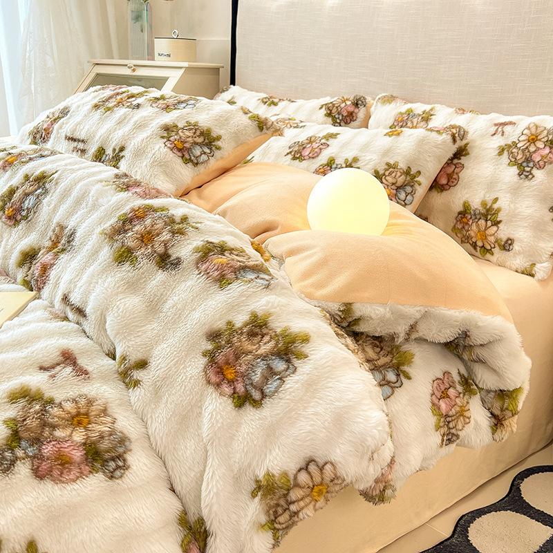 Four-Piece Set Tutu Velvet Quilt Cover Warm Thickened Milk Velvet Double-Sided Velvet Bed Sheet Three-Piece Set