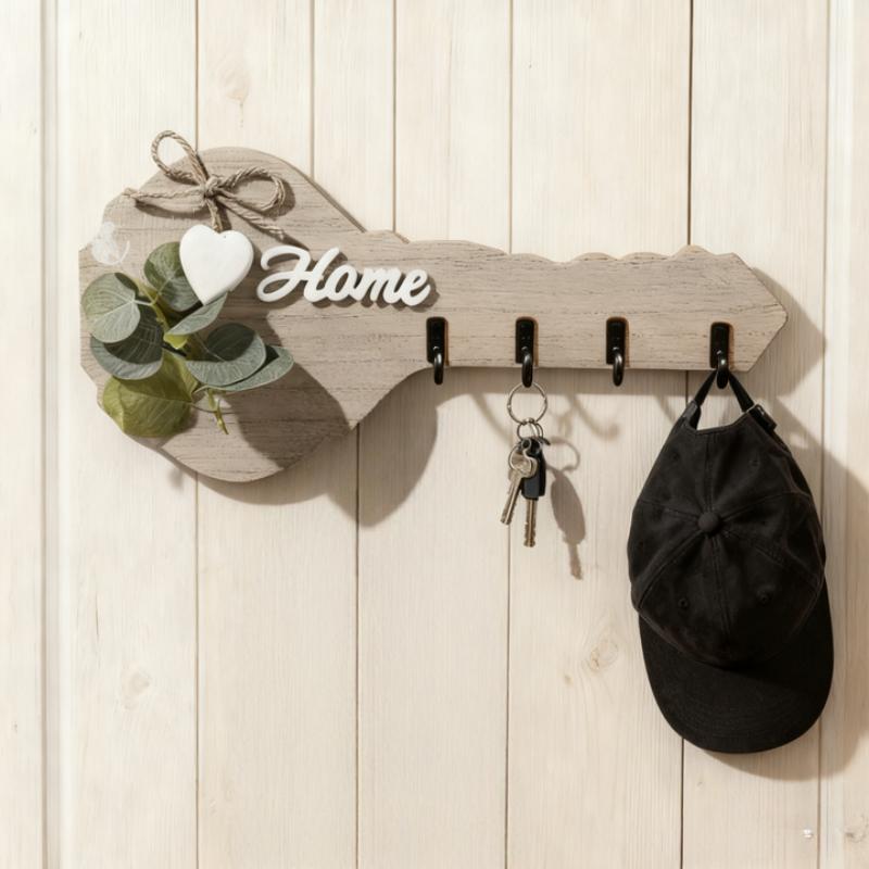 1 Drevený držiak na kľúče  Domov  Nástenná dekorácia so srdiečkovými ozdobami a 4 háčikmi - Štýlová moderná párty domáca dekorácia A