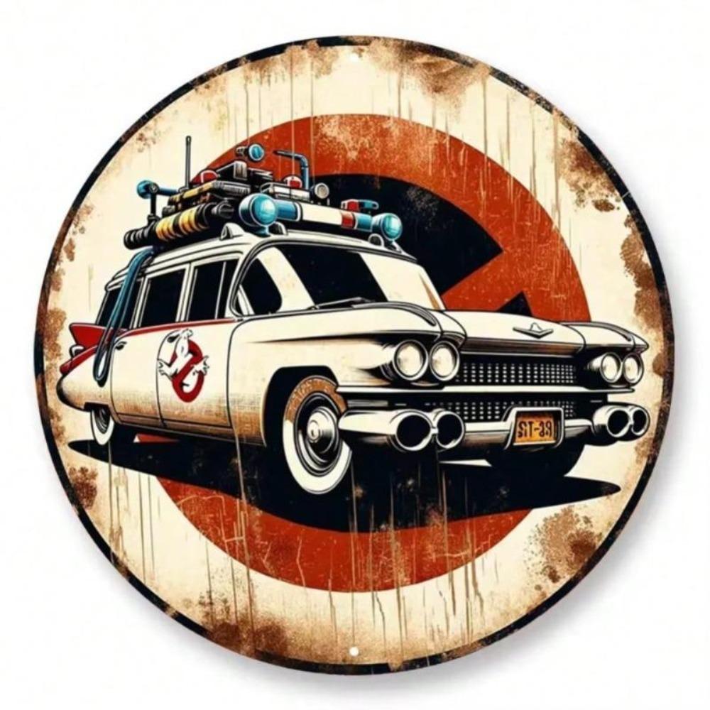 Cartello in Latta Metallica Vintage Ghostbusters Ecto 1 Tondo Impermeabile Decorazione Murale Pre-forato Bar di Casa Regalo Retrò