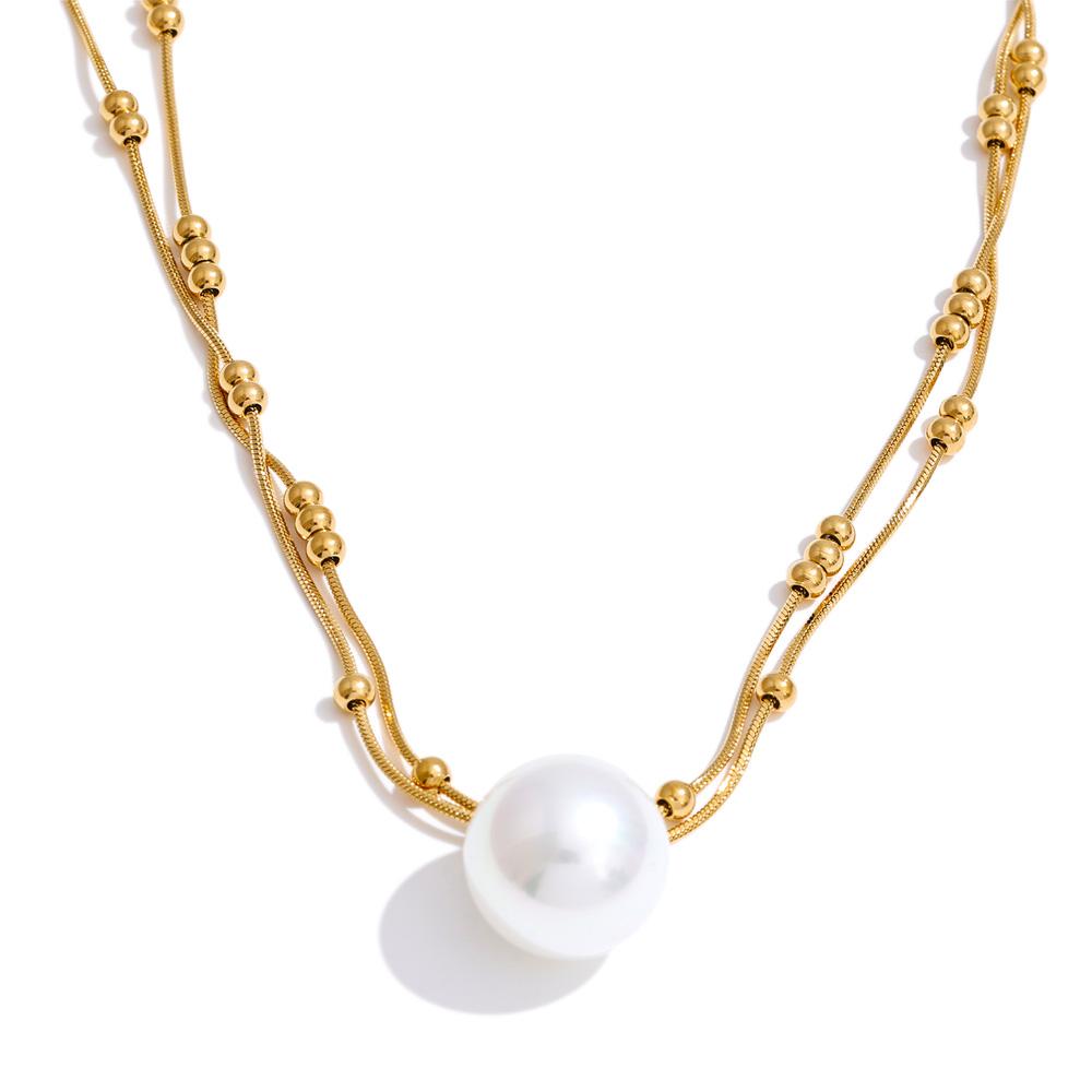 

Yhpup Double-Layer Chain Simulated Pearls Round Pendant Necklace Waterproof Stainless Steel Korean Fashion Daily Collar Jewelry
