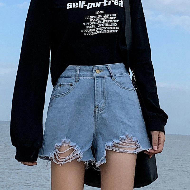 Women's Summer 2022 Ripped A-line Denim Shorts - Loose Fit, Raw Edge, Trendy Hot Girl Style