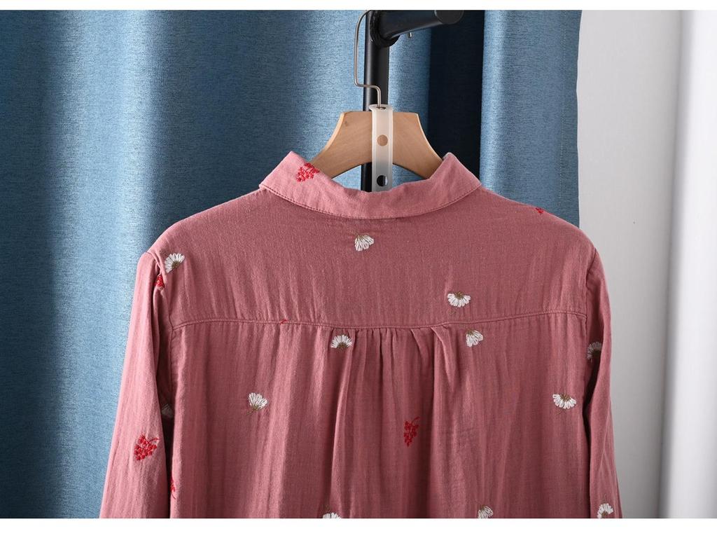Double-Layer Gauze Floral Embroidered Long-Sleeve Autumn Shirt for Women