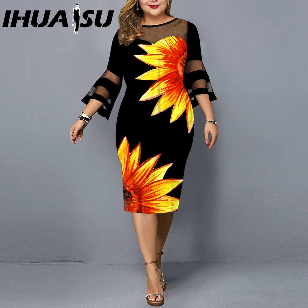 IHUASU Women Digital Print Mesh Patchwork Bodycon Dress Elegant Fitted Mid-Calf Flare Sleeve Wedding Party Dress