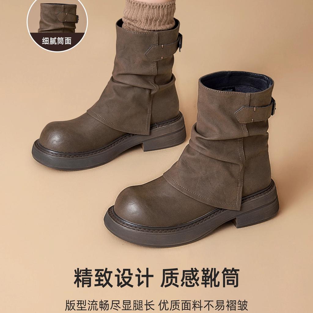 Brown Trouser Boots Women's 2025 Autumn and Winter New Retro Versatile Martin Boots Thick-soled Pleated Piled Boots Knight Short Boots