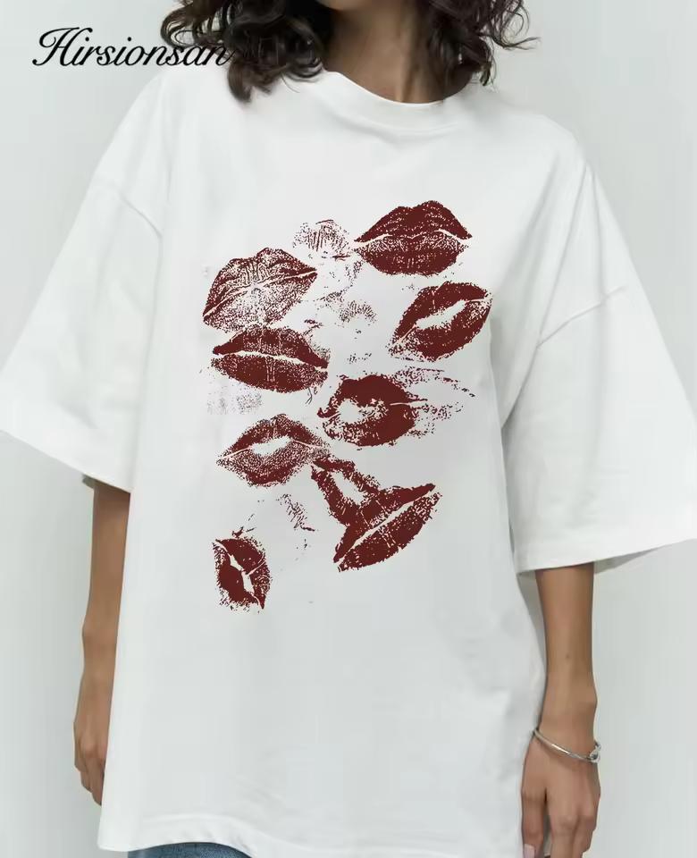 Hirsionsan sexy lip print T-shirt for women's summer soft short sleeved T-shirt for women's oversized Higt Street Gothic top