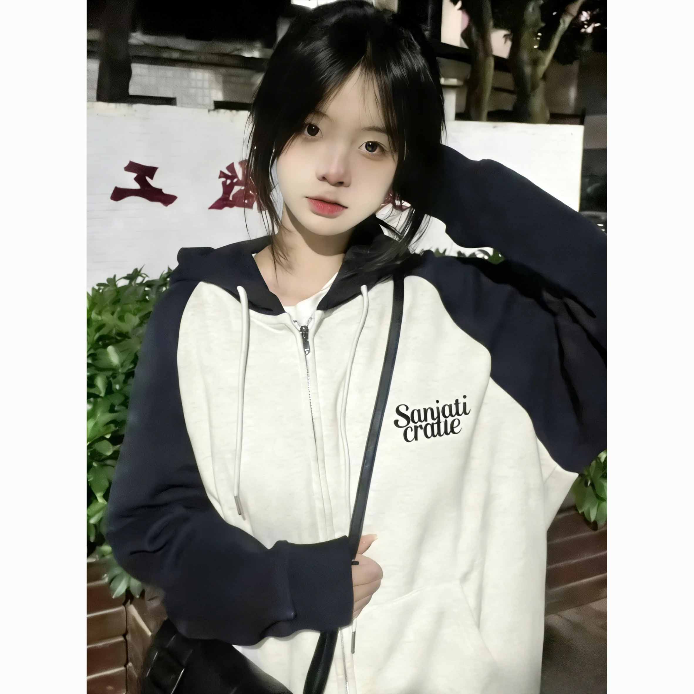 American Vintage Color-Block Hoodie for Women Loose-Fit Oversized Cardigan Hooded Jacket S