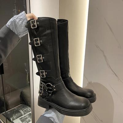Fashion New High Quality Wasteland Style Vintage T Barrel Western Boots for Women Black Belt Straps Boot Shoes Brown Platform Shoes