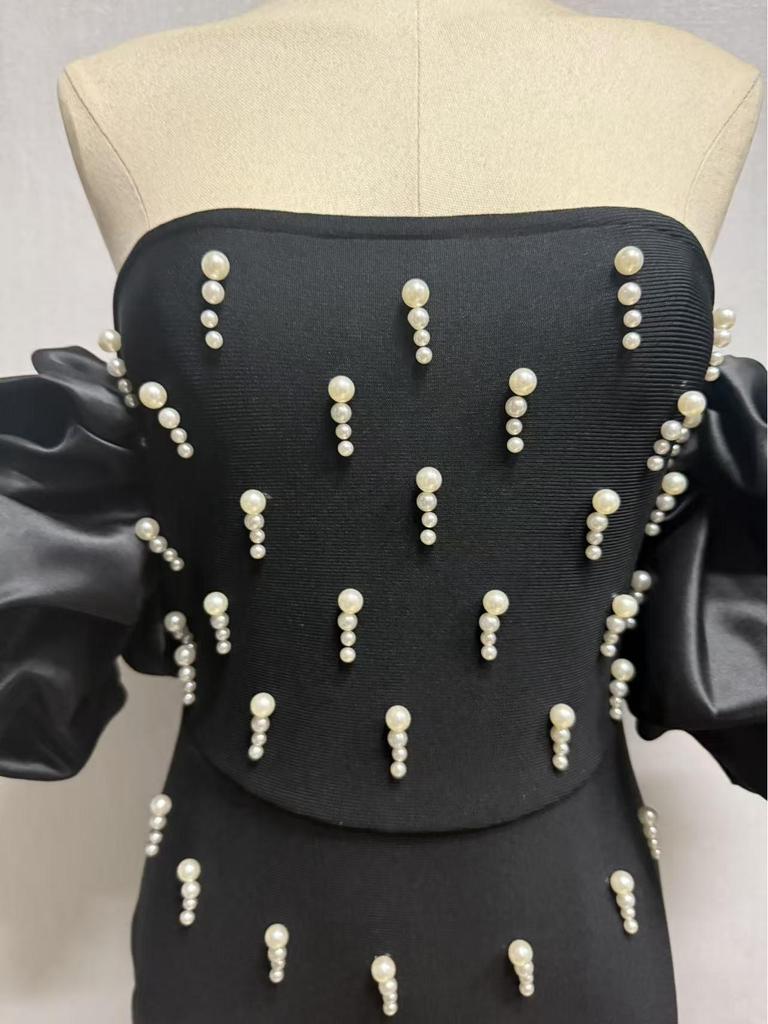 2025 Perlenbesetztes trägerloses Abendkleid mit Puffärmeln und schulterfreiem Schnitt für Damen