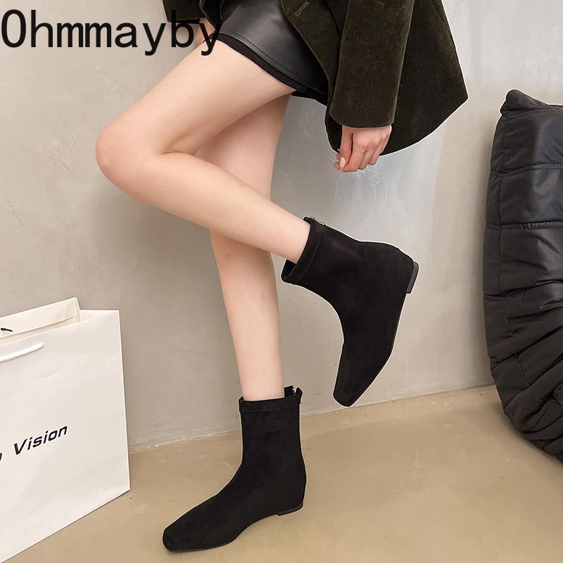 Autumn Suede Internal Elevation Women Ankle Boots Comfort Square Toe Shoes Modern Short Botas Para Mujer