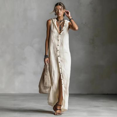 Button Up Dress, Sleeveless Hooded Long Skirt, Women's Clothing