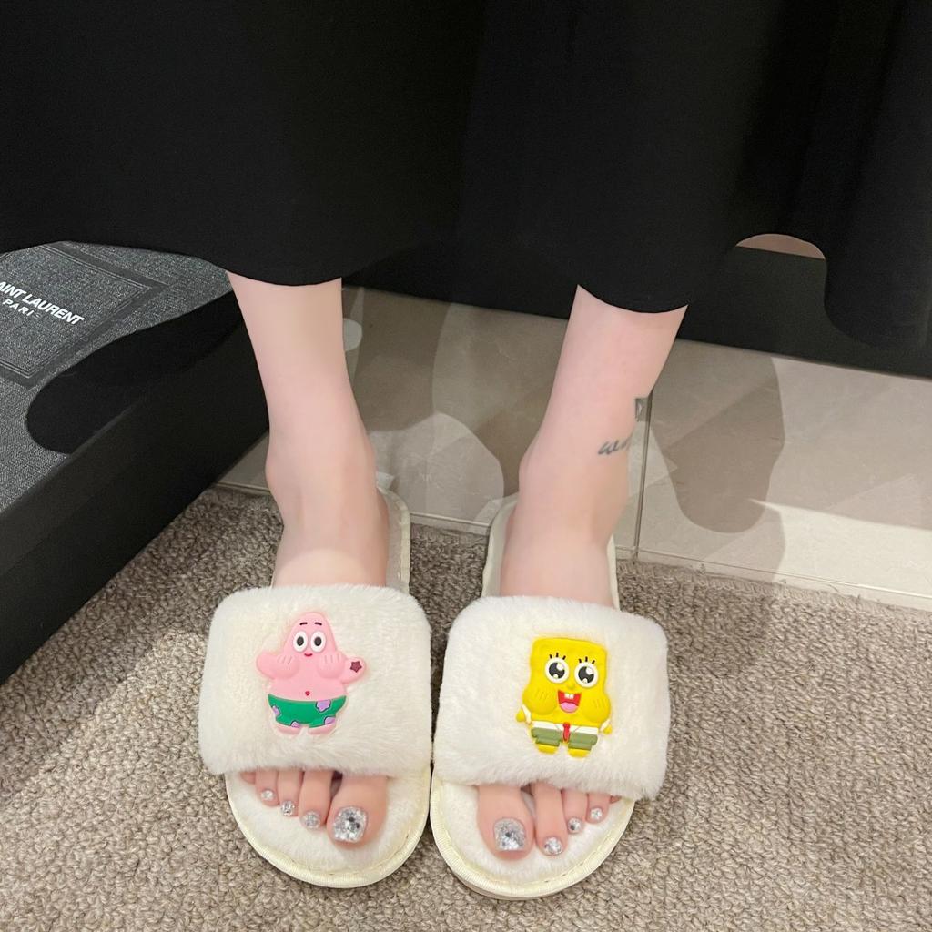 Fashion one-word soft-soled open-toed cotton slippers 2025 home cute non-slip girl heart fluffy slippers cotton slippers women
